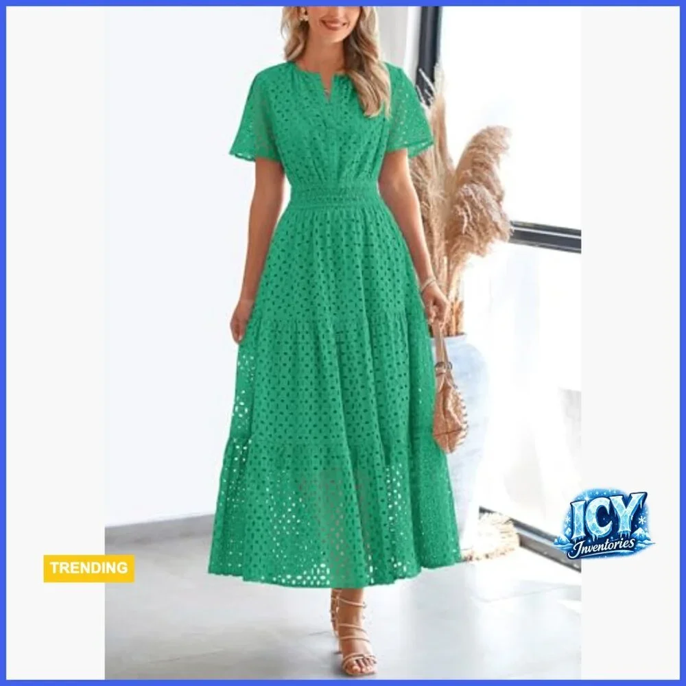 Cotton Eyelet Maxi Dress V-Neck Hollow Out Beach Vacation Formal